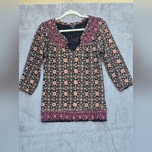 LUCKY BRAND Women's Top S Boho Tile Embroidered Smocked Pullover Size S